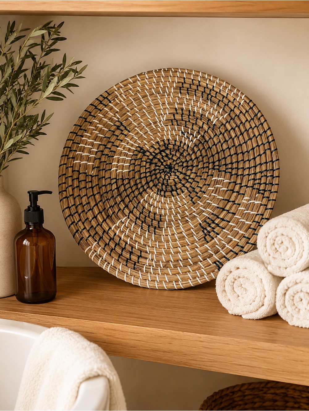 Handwoven Round Woven Basket Tray in Natural, Navy & White